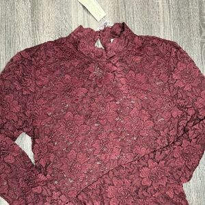 Burgundy Lace Long Sleeve Blouse